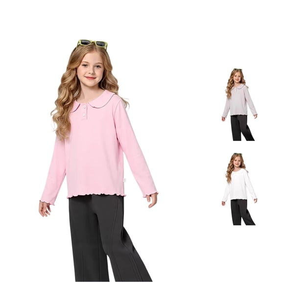 RMGVDSD Girls Ruffle Peter Pan Collar Polo Shirt Kids School Uniform Tops Long Sleeve Tshirts Soft Casual Blouse Daily Wear 6-7 Years