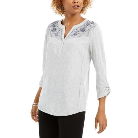 Style & Co Women's Velvet Yoke Embroidered Top Navy Size Petite X-Large