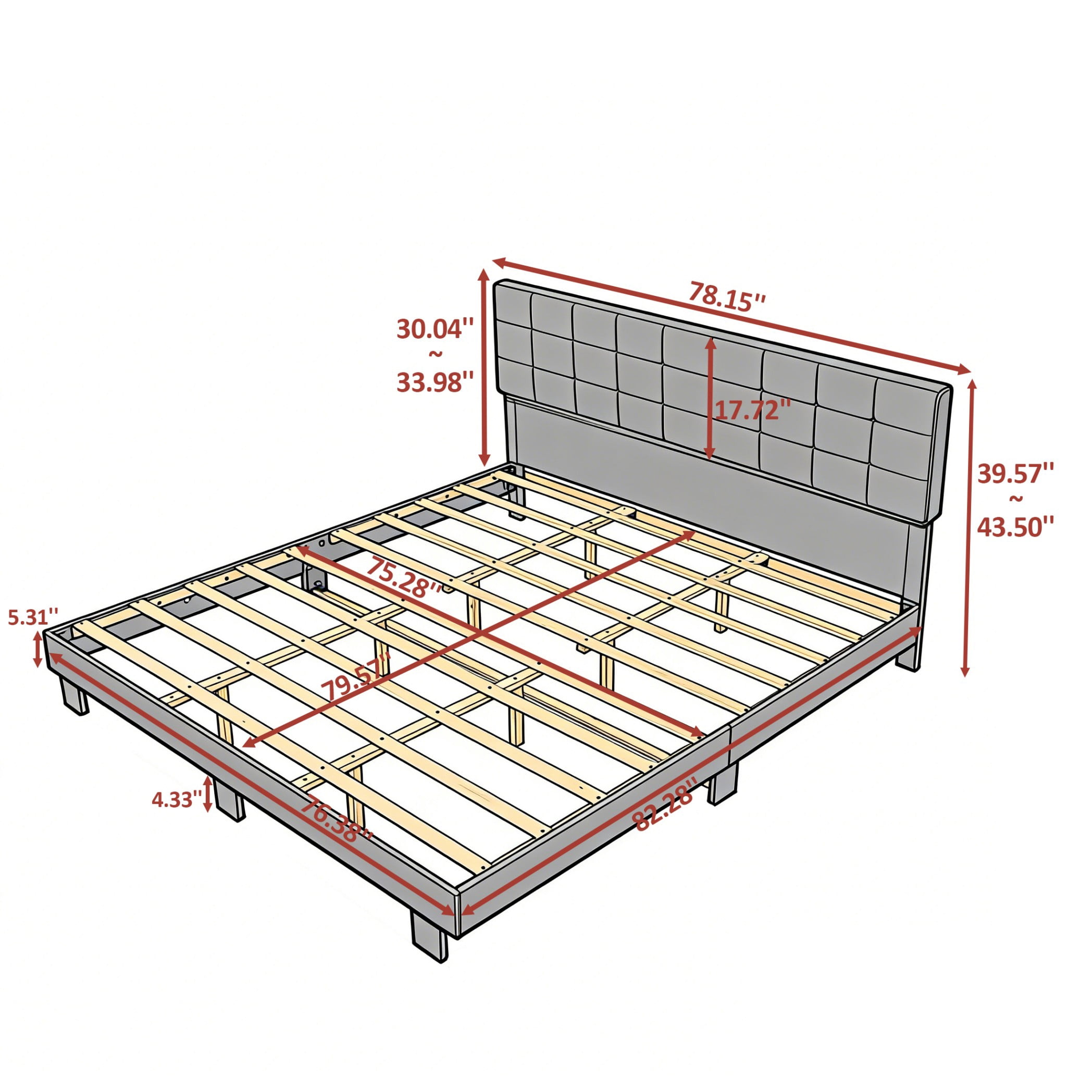 BSHTI King Size Platform Bed Frame with Square Tufted Upholstered Headboard – Solid Wood Frame, 10 Wood Slats, Center Support Leg, Under-Bed Clearance, No Box Spring Needed,Dark Grey