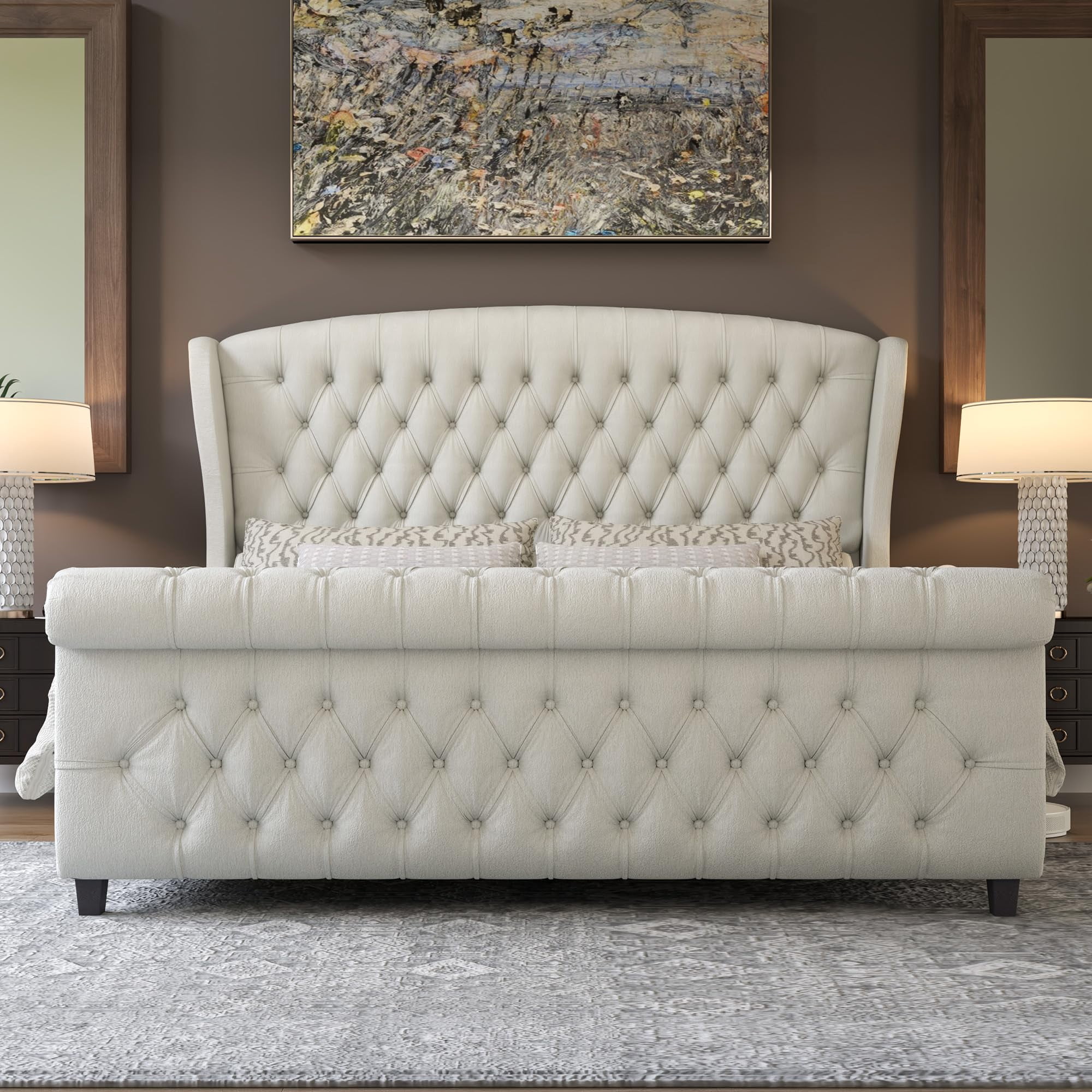 VanAcc California King Size Platform Bed Frame, Velvet Upholstered Sleigh Bed with Scroll Wingback Headboard & Footboard/Button Tufted, Cream