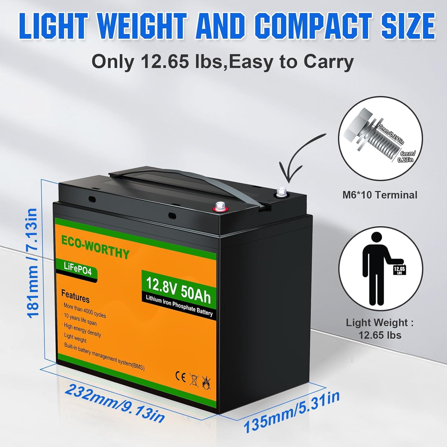 ECO-WORTHY 12V 50Ah Trolling Motor LiFePO4 Lithium Battery with BMS, 3000~15000 Times in Deep Cycle, for 30~50lb Trolling Motor, Travel Trailer, RV, Marine, Solar, Power Wheel Chair