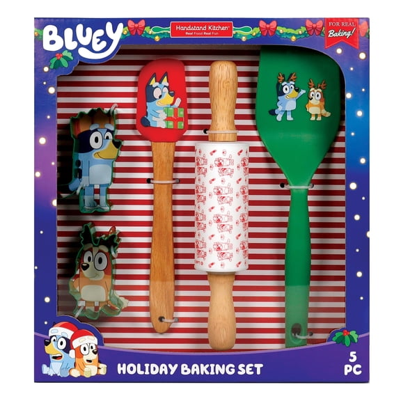 Handstand Kitchen Bluey Holiday Baking Set with Bluey and Bingo Cookie Cutters, Rolling Pin, Spatula and Flipper