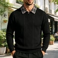 thumbnail image 6 of Plaid Collar Textured Jacquard Knit Polo Shirt for Men, V Neck Long Sleeve Buttonless Vintage Casual Sweater Black, 6 of 9