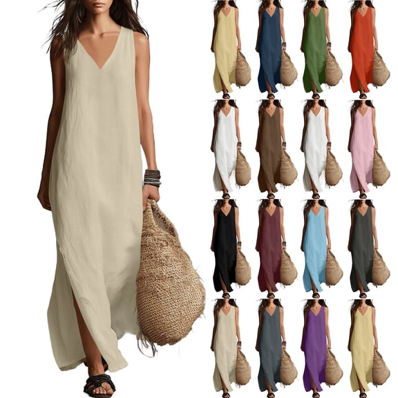 VBVC Women's and Women's Plus Cotton Linen Maxi Dress , Ladies' Sleeveless V Neck Side Split Dress , Summer Beach Vacation Dresses For Women,Dark Gray,S-5XL