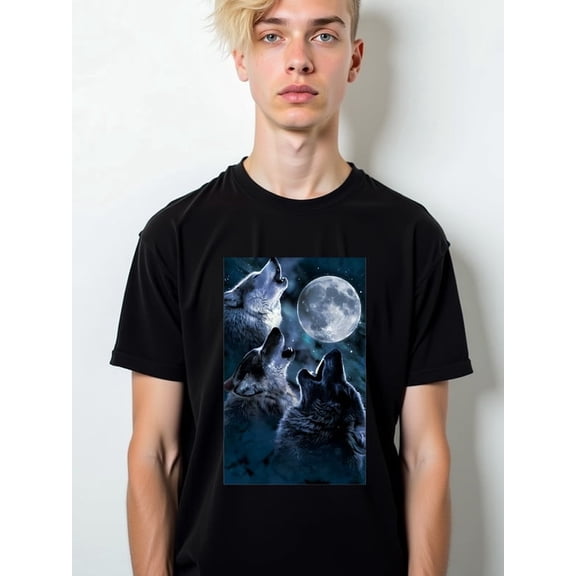Greenink Wolf Moon Howl T-Shirt Men t shirt black graphic tees gifts printed T-shirts, Streetwear style clothing Retro Unisex Shirt Cotton tshirts