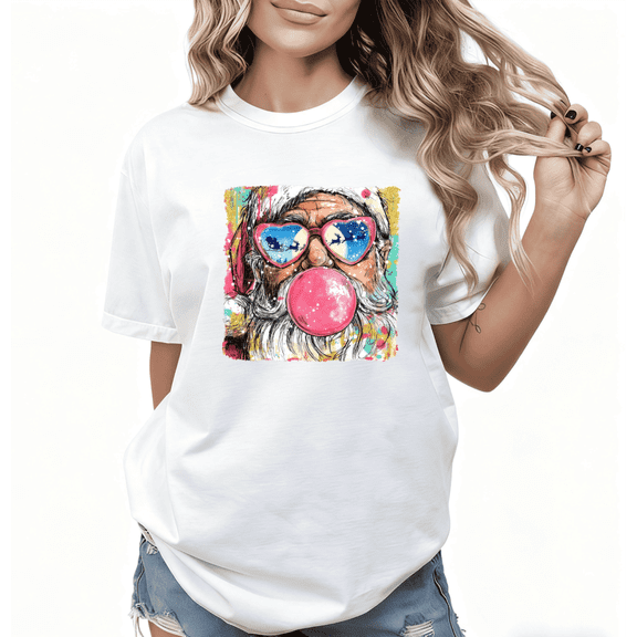 Bubble Gum Santa Christmas Graphic Tee T-Shirt Top Print Breathable Short Sleeve Round Neck White S-5XL