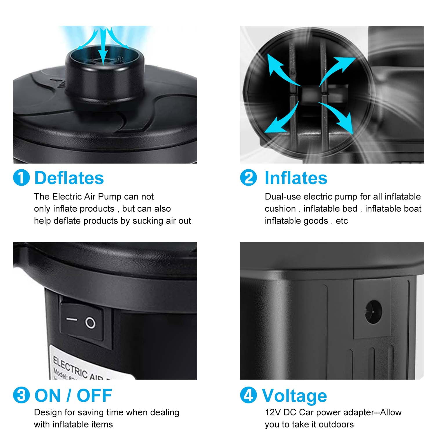 GVDV Electric Air Pump for Inflatables, Portable Air Mattress Pump, Quick Fill Inflatables Mattress Pool Floats Raft Boat
