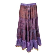 Mogul Womens Maxi Tiered Full Flare A-Line Golden Border Vintage Sari Boho Chic Long Maxi Skirts