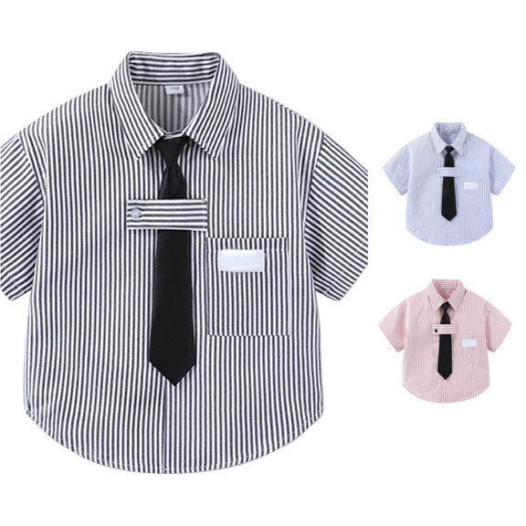 FYDUU Back To School Shirts for Boys Striped Short Sleeve Button Down Shirt Kids Formal Dress Shirts Fashion Casual School Uniform Tops 13-14 Years