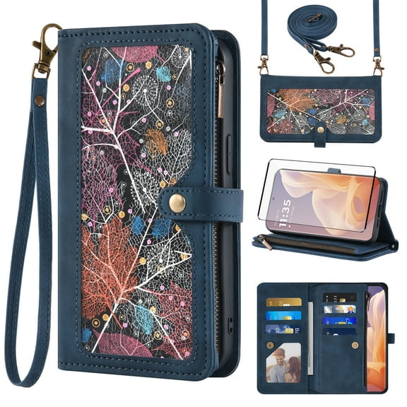 Asuwish Phone Case for Motorola Moto G85 5G Wallet Cover With Tempered Glass Screen Protector Crossbody Wrist Strap Flip Pattern Zipper Credit Card Holder Stand Slot Cell MotoG85 G 85 Women Men Blue