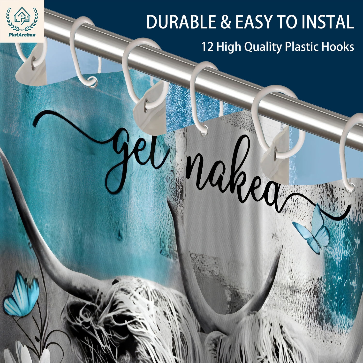 PLUTARCHON 1pc Playful Highland Cow Bathroom Set - Turquoise Fabric Shower Curtain & Rug, Get Naked Funny Modern Decor, 70.8"x70.8"