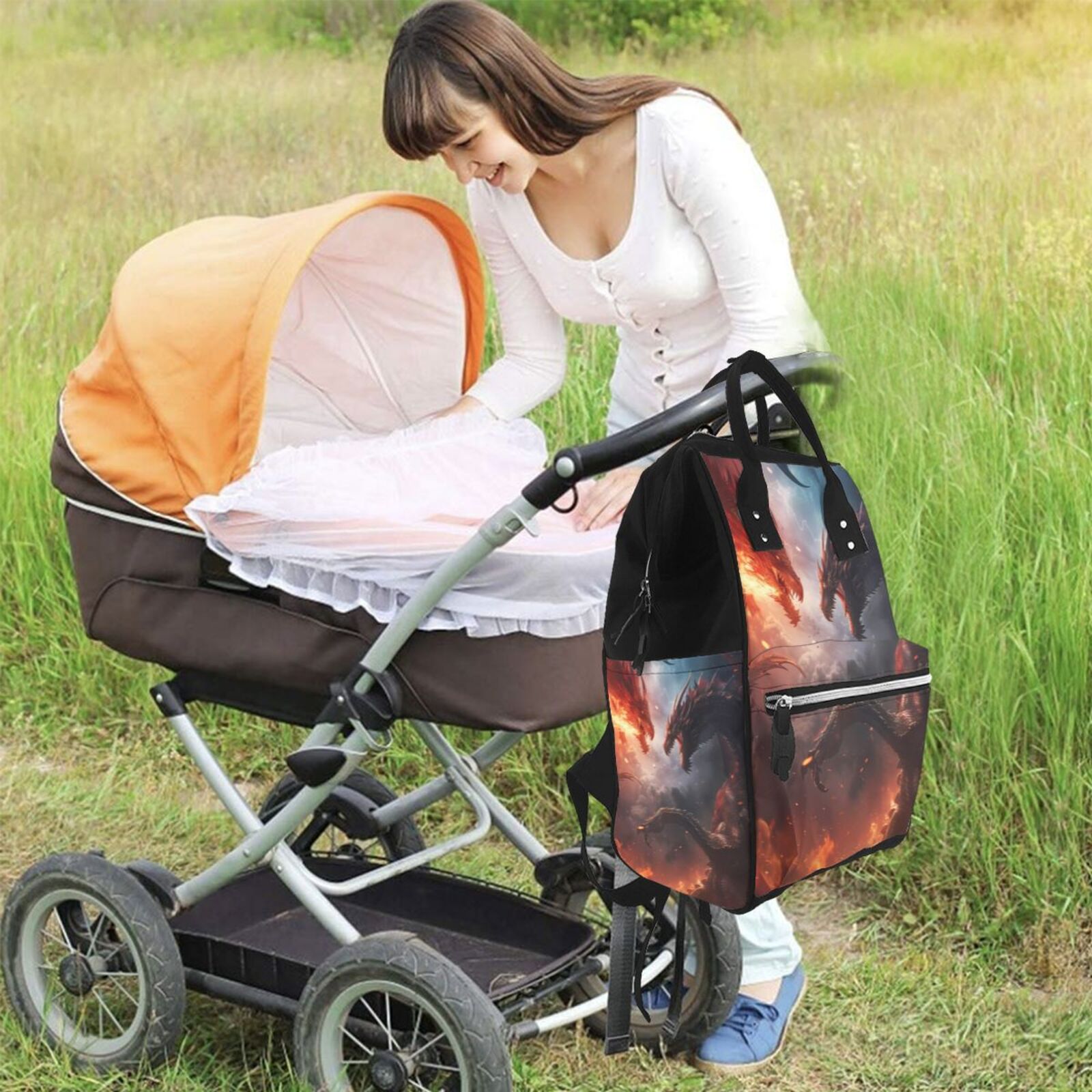 Ratiio Fire Sky Dragon Mummy Backpack - Waterproof Twill Canvas, Large Capacity Diaper Bag with Multiple Pockets and Adjustable Straps