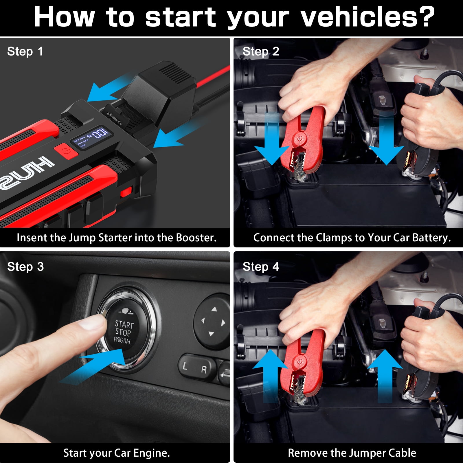 HUSGW 14000mAh 51.8Wh Car Jump Starter Powerful with USB Quick Charge and DC Output,2000A 3.7V  Portable Lithium Car Battery Starter Kit, Jump Start Power Pack and Booster Cable