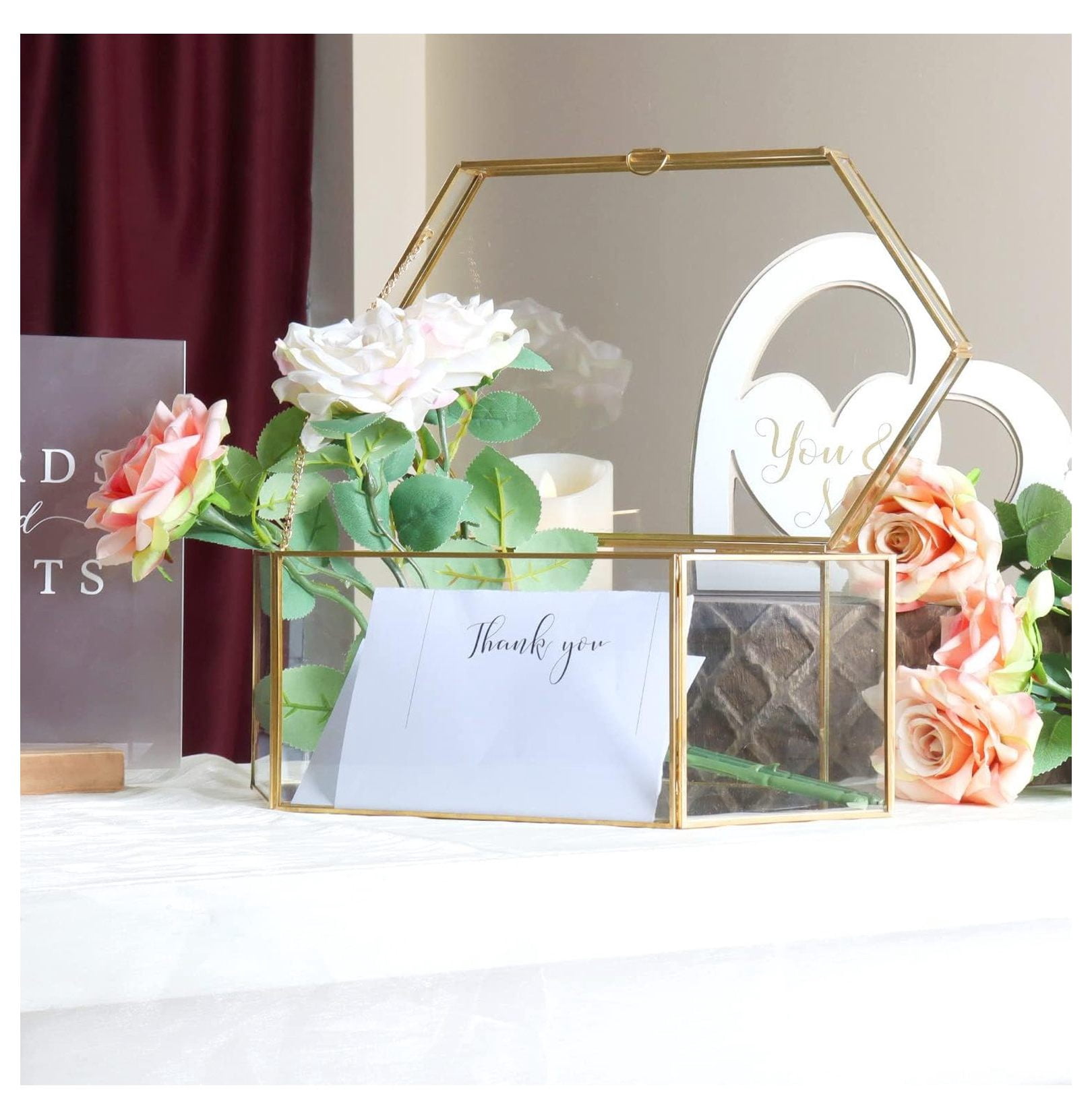 Glass Card & Gift Box for Weddings - Golden Brass Geometric Box for Birthday, Baby Shower, Graduation, Bridal Shower Gifts & Cards - Full Opening