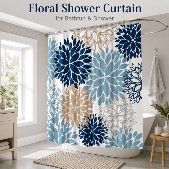 MORAVE 72x72 Inch Polyester Shower Curtain, Dahlia Flower Print in Multi Tones, Deep Blue Grey Tan White Bathroom Decor