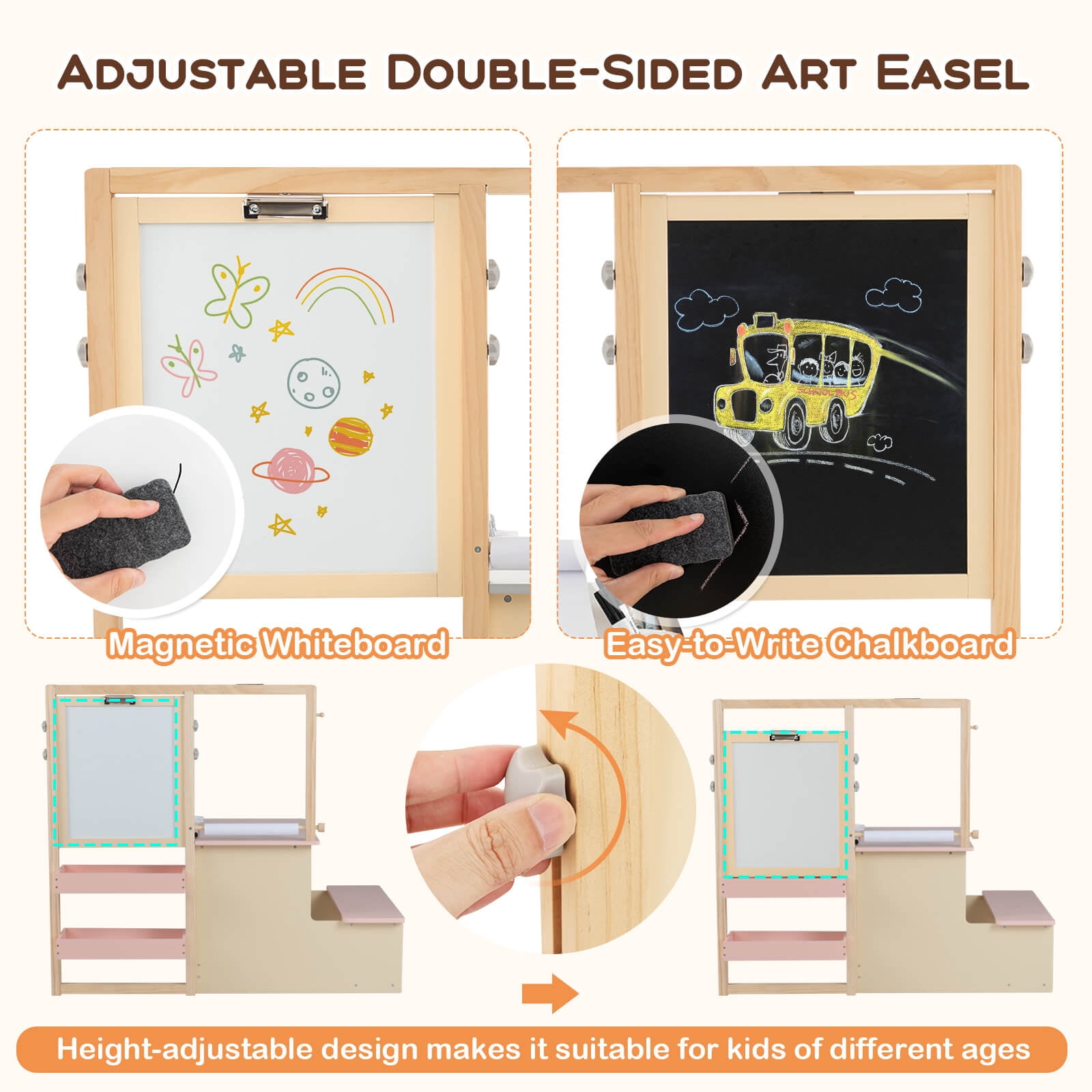 Costway Kids Art Easel & Table & Bench Set with Double-Sided Adjustable Easel, Blackboard Pink