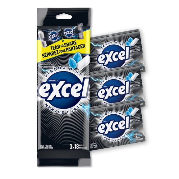 EXCEL, Strong Mint Flavoured Sugar Free Chewing Gum, 18 Pieces, 3Packs