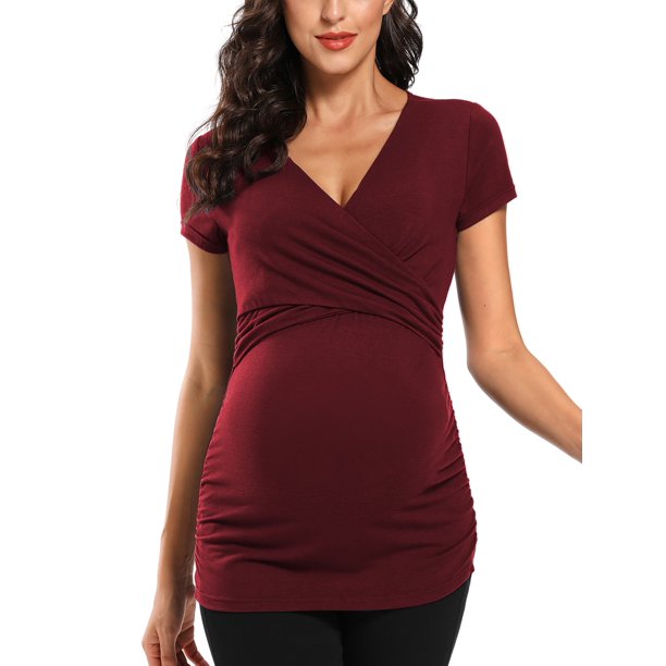 Ecavus Maternity Nursing Tops Breastfeeding Shirts Wine Red XL