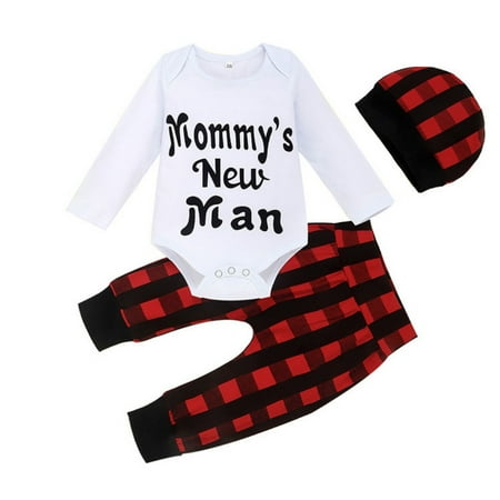 

Esho 3Pcs Newborn Baby Boys Xmas Romper Bodysuit Plaid Pant Hat Outfit Set Infants Clothes For 0-18 Months