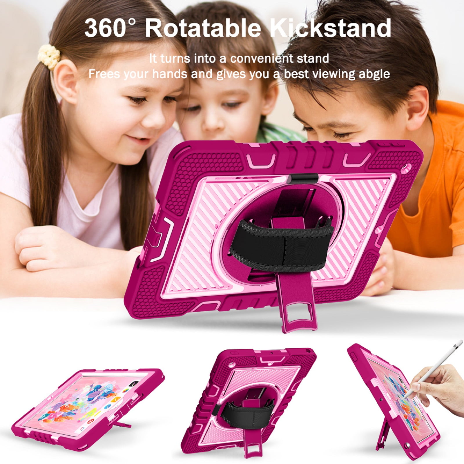 ELEHOLD Rugged Case For Apple iPad 11th(A16) 2025 Three-Layer Hybrid Muti-Functional Case with 360° Rotating Kickstand Pencil Holder Handstrap Shoulder Strap Shockproof Case ,D