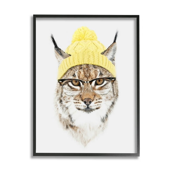 Bobcat Hipster Beanie Wildlife Animals & Insects Graphic Art Black Framed Art Print Wall Art