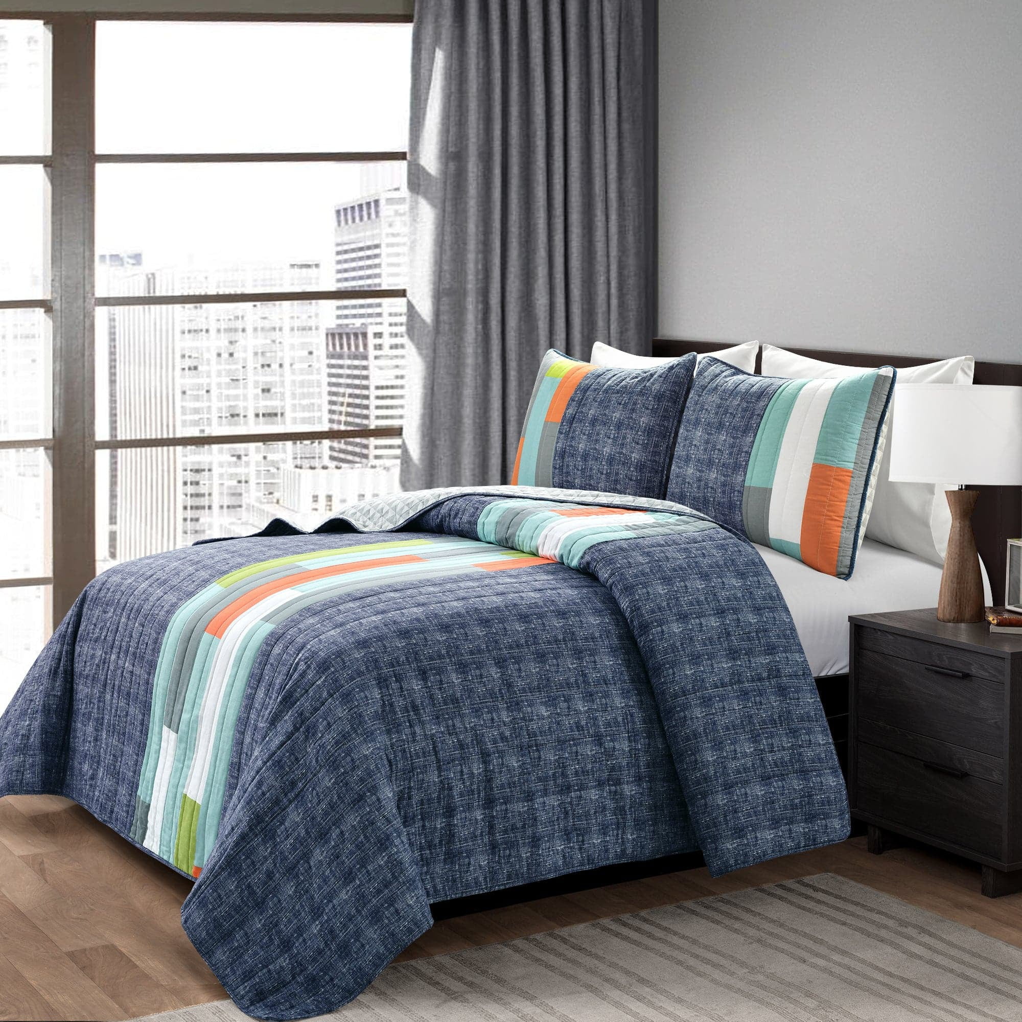 Lush Decor Shelly Orange and Blue Stripe Cotton Quilt Set