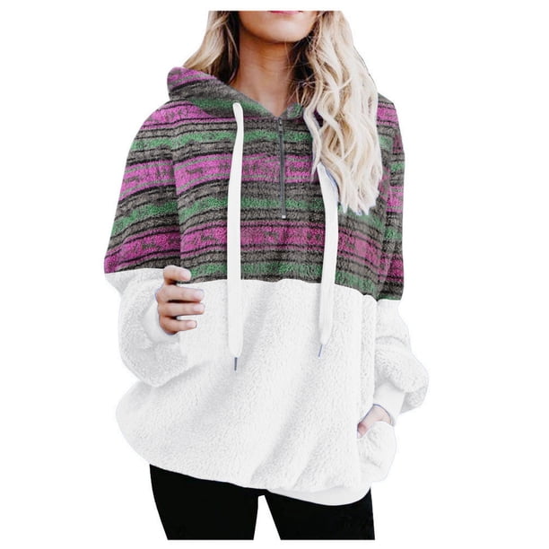 Jsaierl Women Casual Double Fuzzy Sweatshirt Faux Fleece Zip Drawstring Pullover Hoodies Coat Outwear