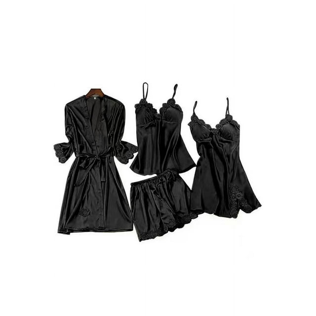 Camisón sexy y cómodo de primavera y verano con almohadilla para el pecho, pijama de mujer, conjunto de cuatro piezas, ropa para el hogar