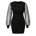 thumbnail image 3 of QHFBli Robe de Fête Pailletée pour Filles Col en V en Maille Transparente Manches Lanterne Mini Robes Fermeture Éclair au Dos Coupe Ajustée Robe de Soirée Noire 7-8 Ans, 3 of 7