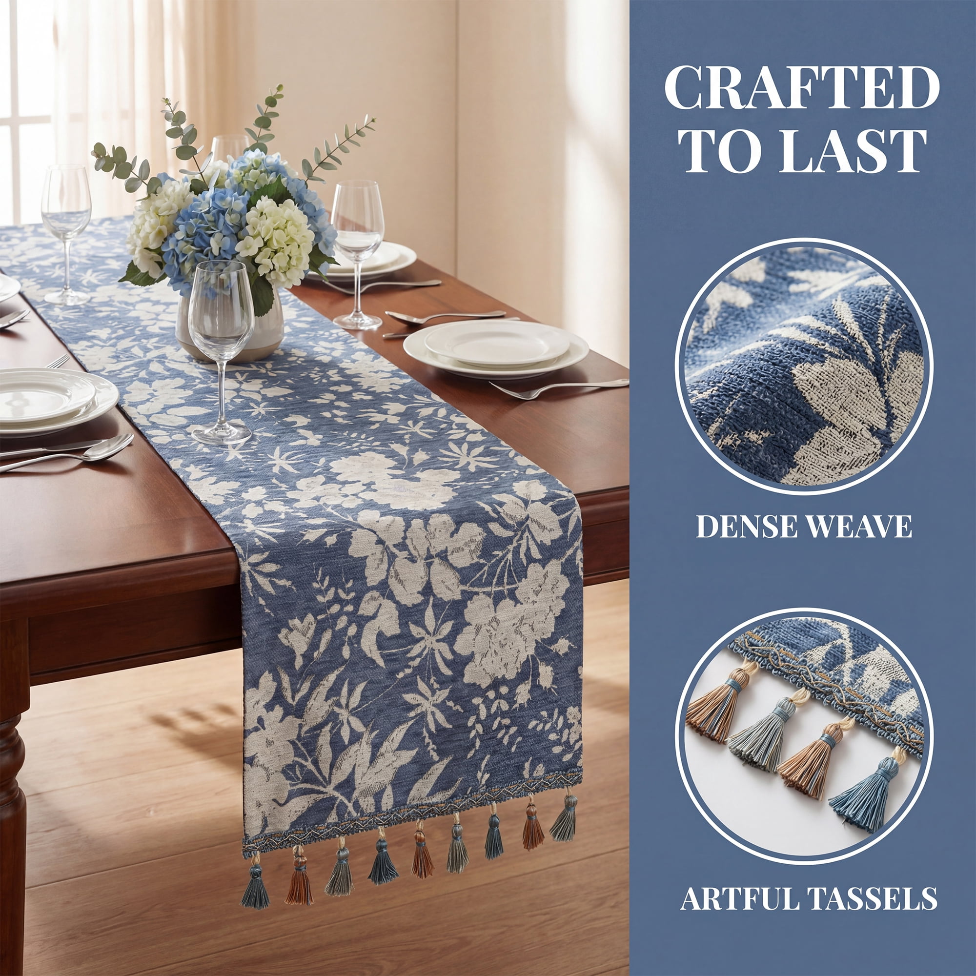 Unique Bargains Floral Table Decoration Kitchen Runner with Tassel Blue 13.8x70.9in