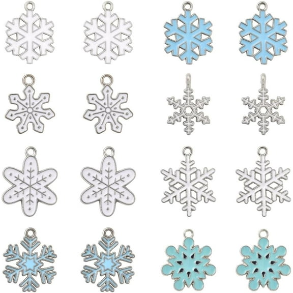 1 Box 48Pcs 8 Styles Snowflake Enamel Charms Christmas Earring Charm Bulk Silver Metal Alloy Winter Holiday Xmas Snowflake Shaped Pendants for Jewelry Making Bracelet DIY Craft Supplies