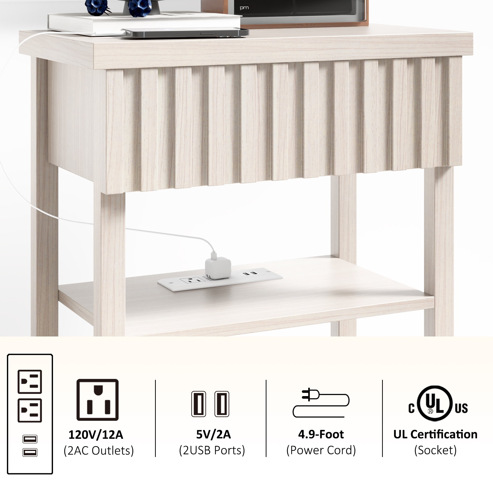 Fluted Nightstand with Charging Station,Farmhouse Night Stand with Drawer & 2 Open Storage Shelves,Modern Side Table for Bedroom Small Space Living Room Entryway,Beige(Set of 2)