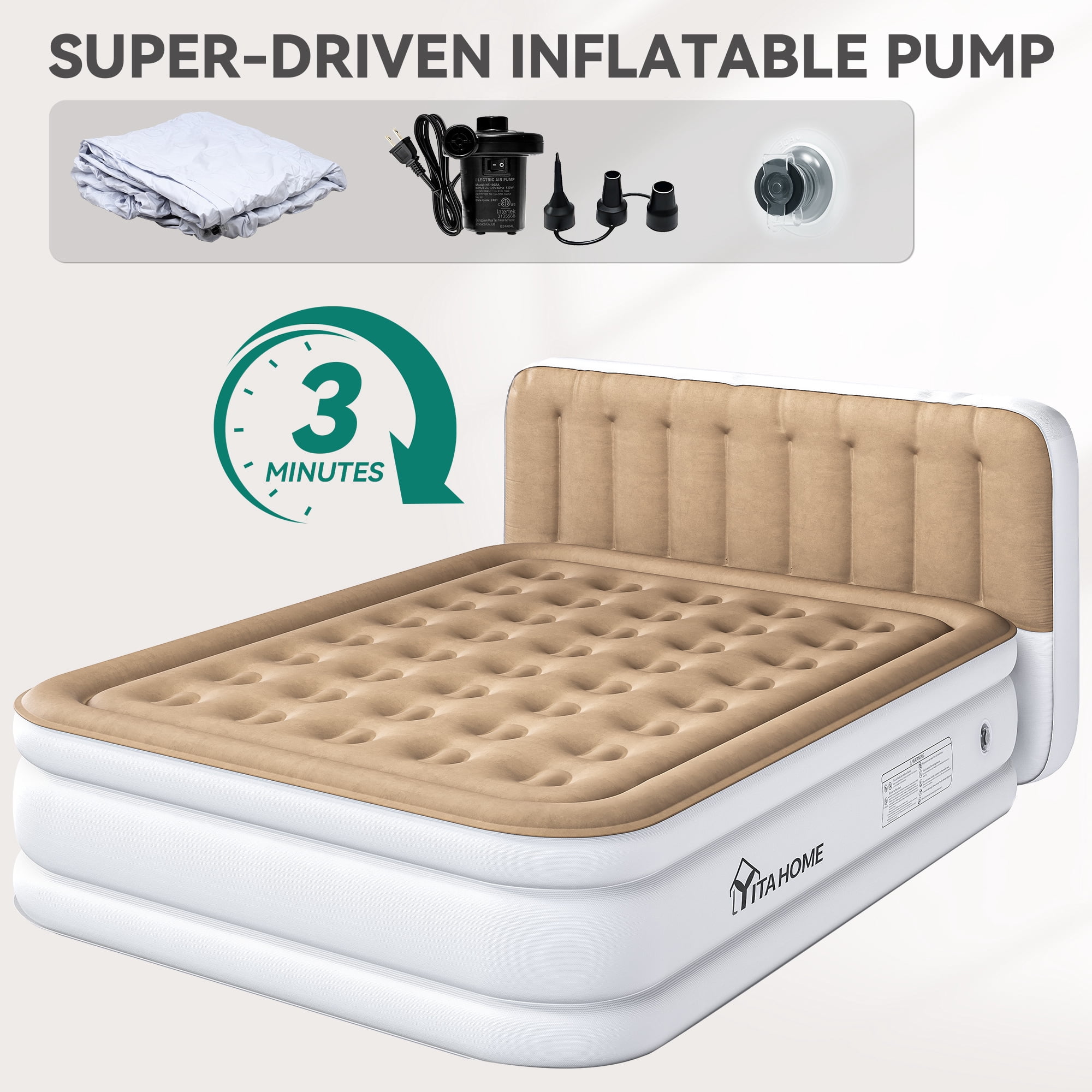 Uforic Queen Size Air Mattress with Pump and Headboard, 18in Luxury Flocked Top Blow up Mattress, Durable Inflatable Mattress for Home & Guest, Brown AirBed