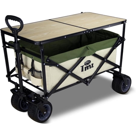 TMZ Folding Wagon, Collapsible Garden Cart with Foldable Camping Dining Table, Heavy Duty Beach Wagon, for Shopping, Camping, and Outdoor Activities (Beige/Green)