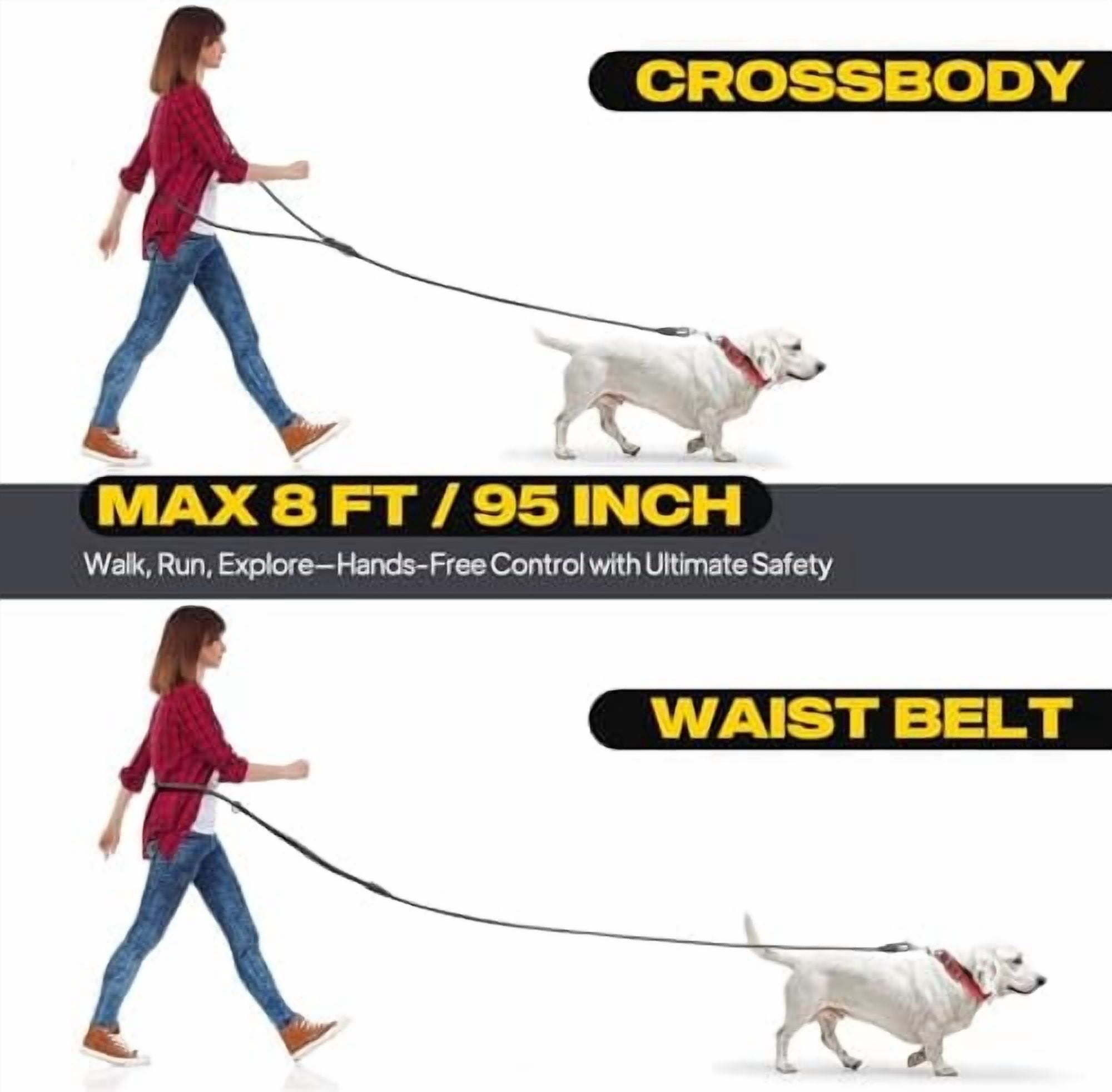 Hands Free Dog Leash for Large Dogs Heavy Duty, Adjustable Crossbody/Waist Leash for Small/Medium/Large Dogs, Waterproof Hands-Free Dog Leashes for Running, Walking & Training(L, Black)