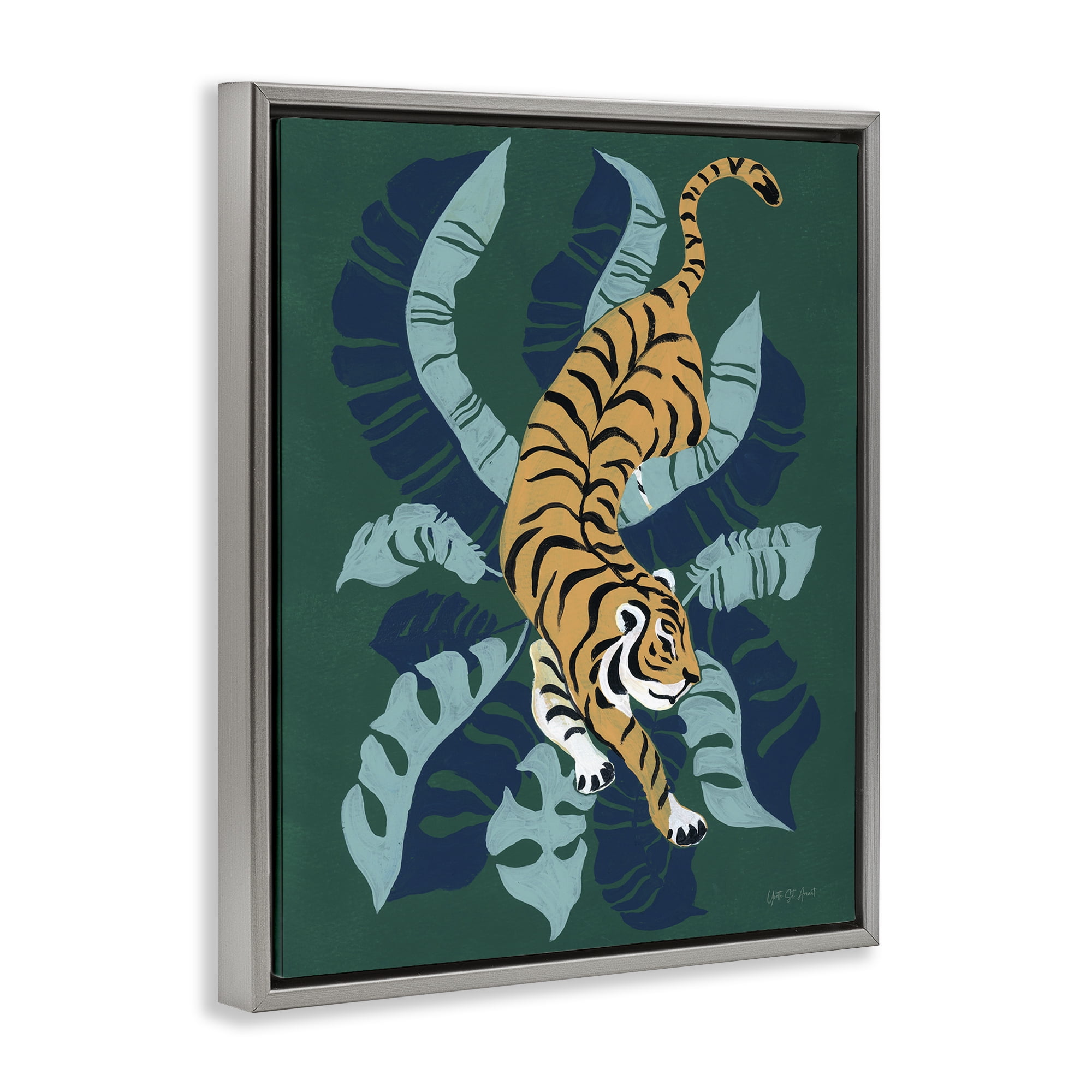 Stupell Industries Tiger Prowling over Palms Animals & Insects Painting Gray Floater Framed Canvas Art Print Wall Art, 25 x 31