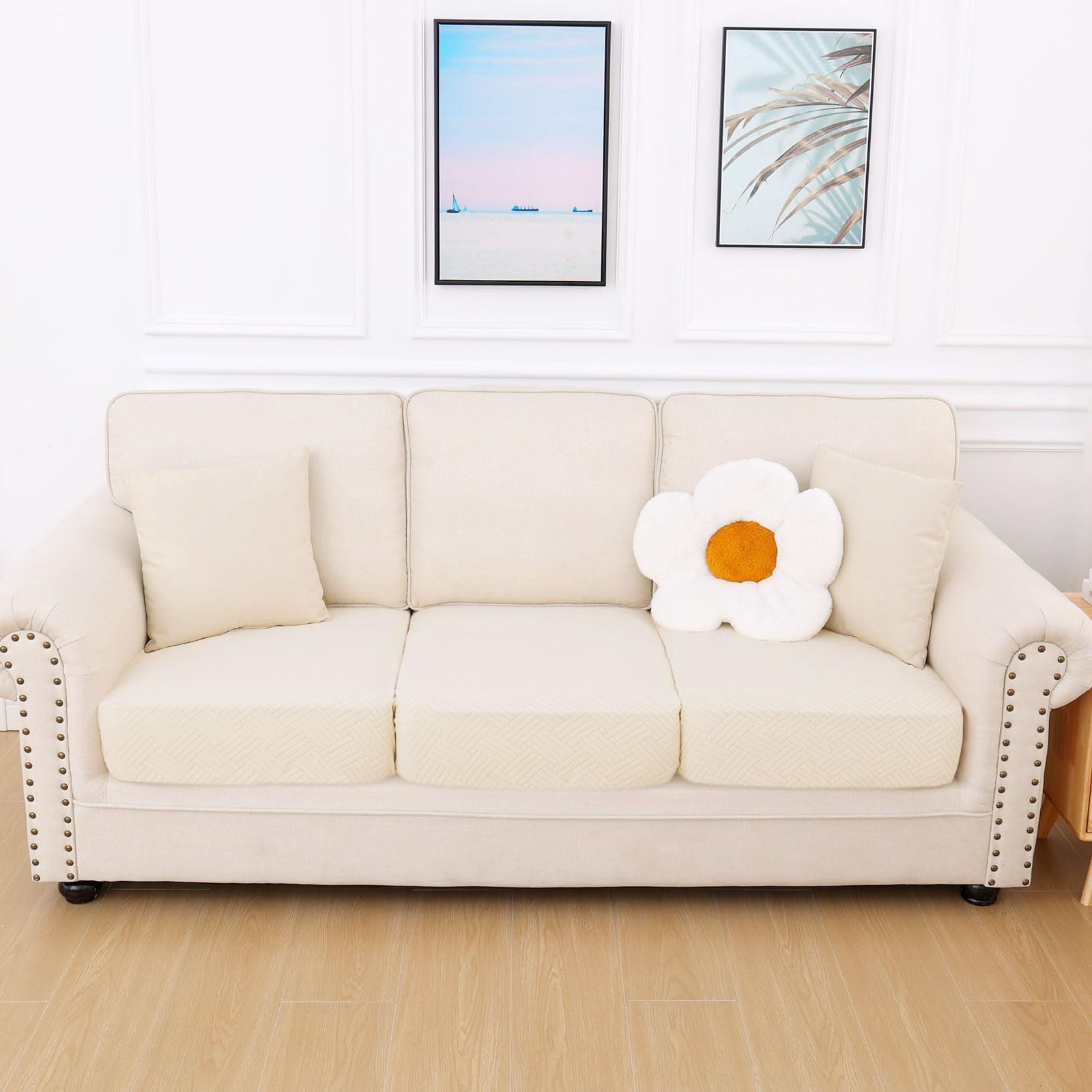 Smiry Waterproof Sofa Seat Cushion Covers, Stretch Couch Cushion Slipcovers, Fitted Jacquard Furniture Protector for Pets, Kid (3PC, Beige)