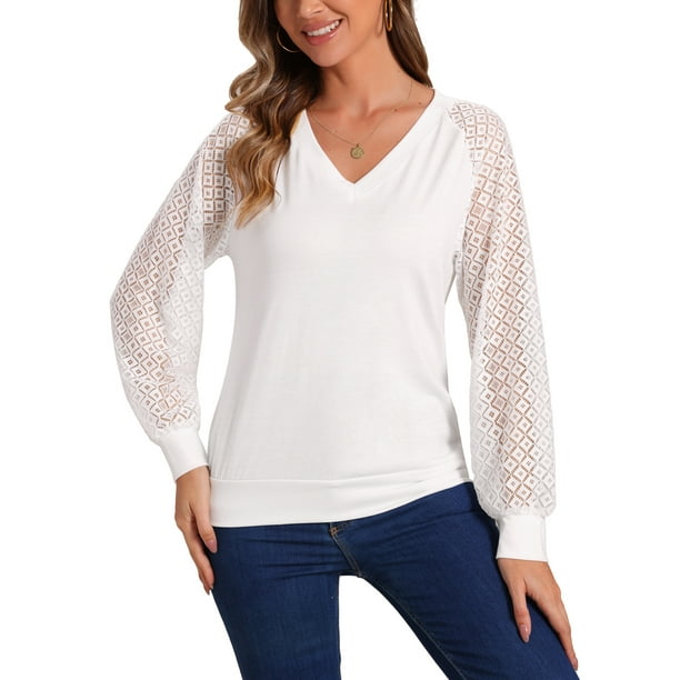 INSPIRAR CHIC Blusa de Manga de Encaje para Mujeres, Casual, Oficina, Top de Cuello en V, Camisa M Blanca