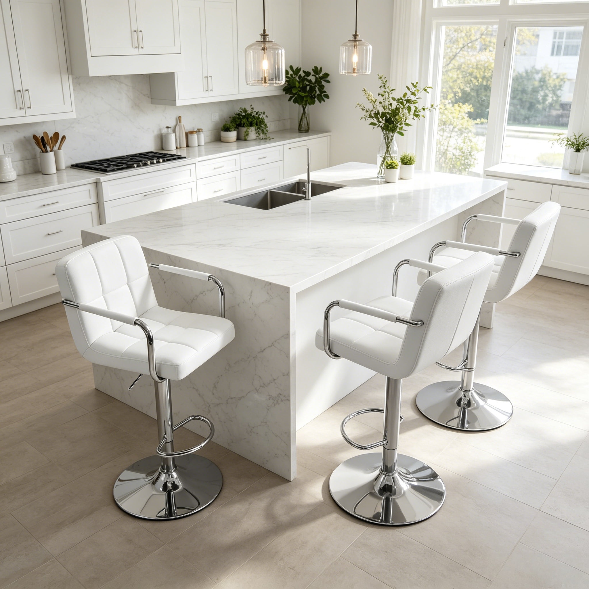 2-Piece Adjustable White Swivel Bar Stools with Padded Armrests & Backrests, PU Leather Waterproof, Height Adjustable 24.2-32.5 in