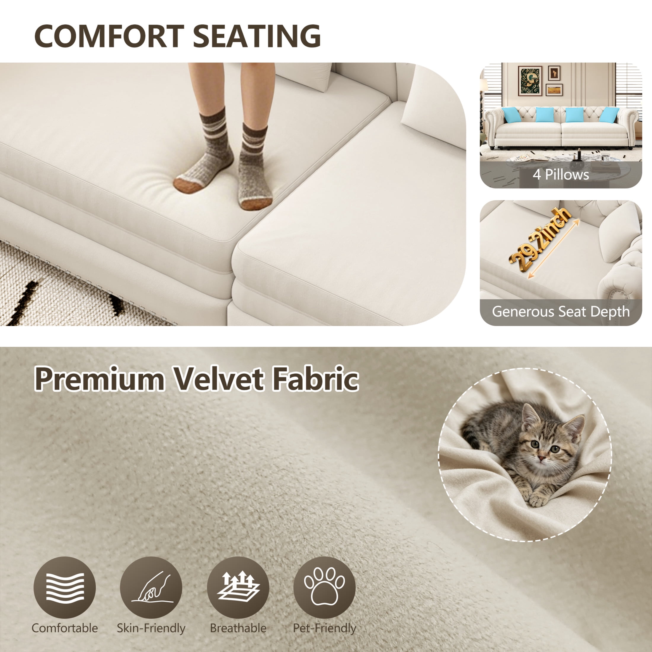 Noble House Ulwick Velvet Chesterfield Pull-Out Sofa Bed, 3-in-1 Convertible Sleeper Couch with Movable Ottoman, Beige White