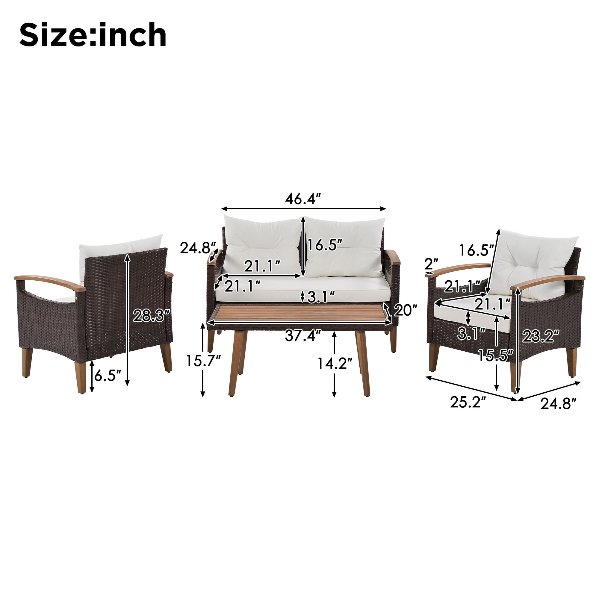 Patio Sofa Set, 4 Pieces Outdoor Sectional Furniture, All-Weather PE Rattan Wicker Patio Conversation Set, Cushioned Sofa Set with Coffee Table for Patio Garden Poolside Deck