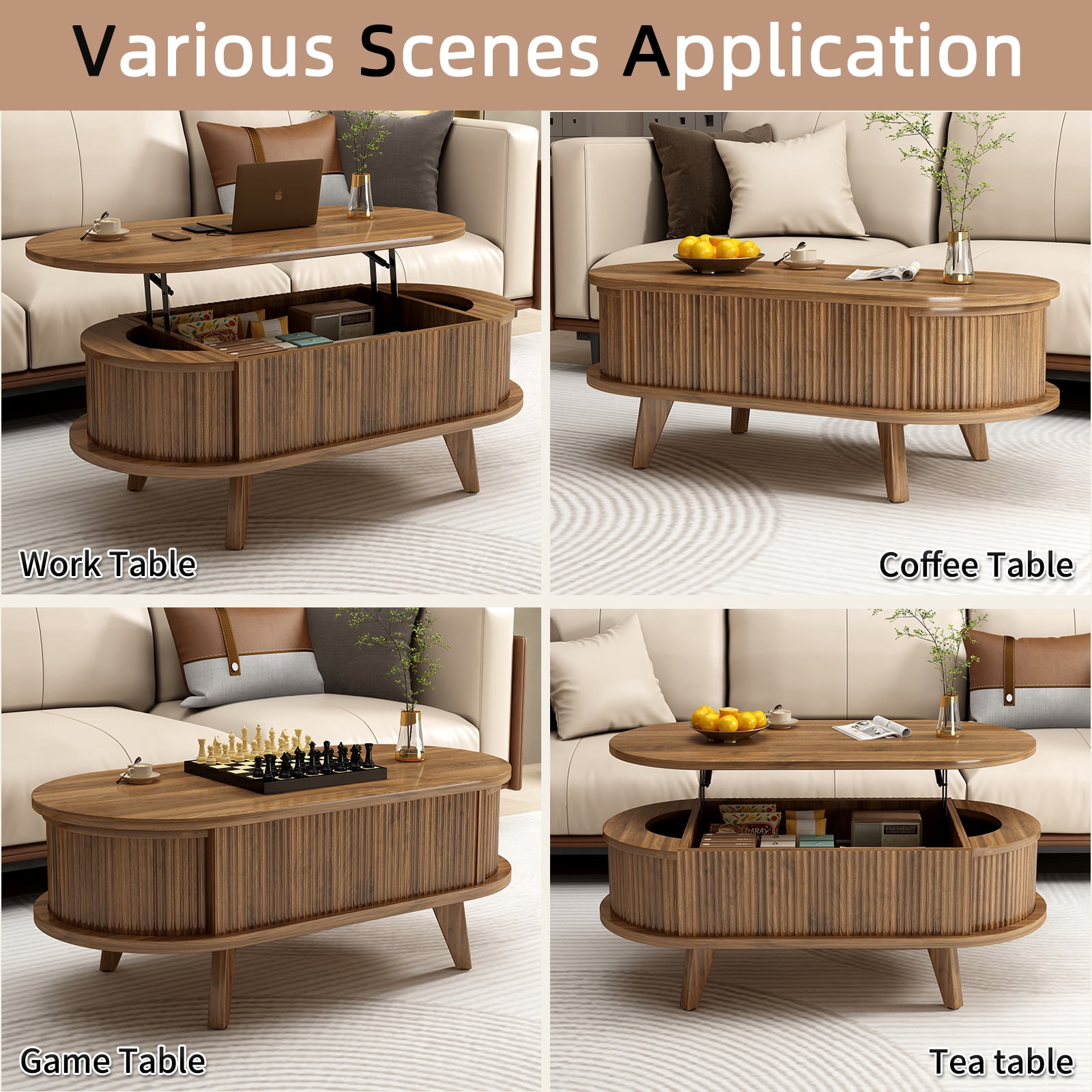 Hommoo Fluted Lift Top Coffee Table with Hidden Storage Compartments, Mid-Century Modern Oval Wooden Center Table for Living Room, Office & Small Spaces, Walnut