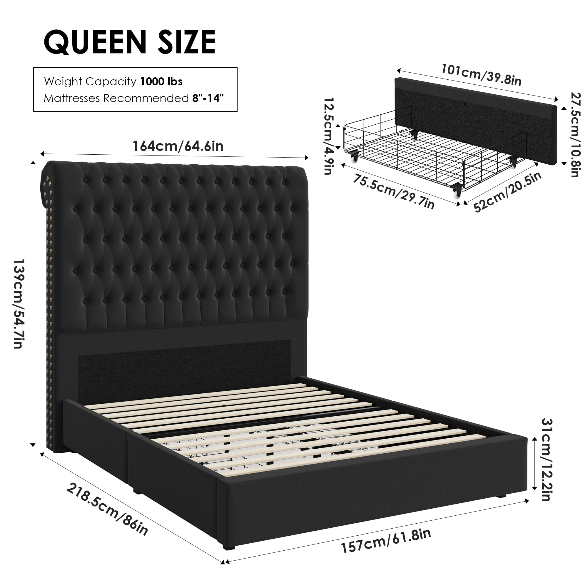 Homfa 54.7" Tall Headboard Bed Frame, Queen Size Storage Bed with Tall Headboard, Tall Upholstered Bed with Footboard and Drawers, Black