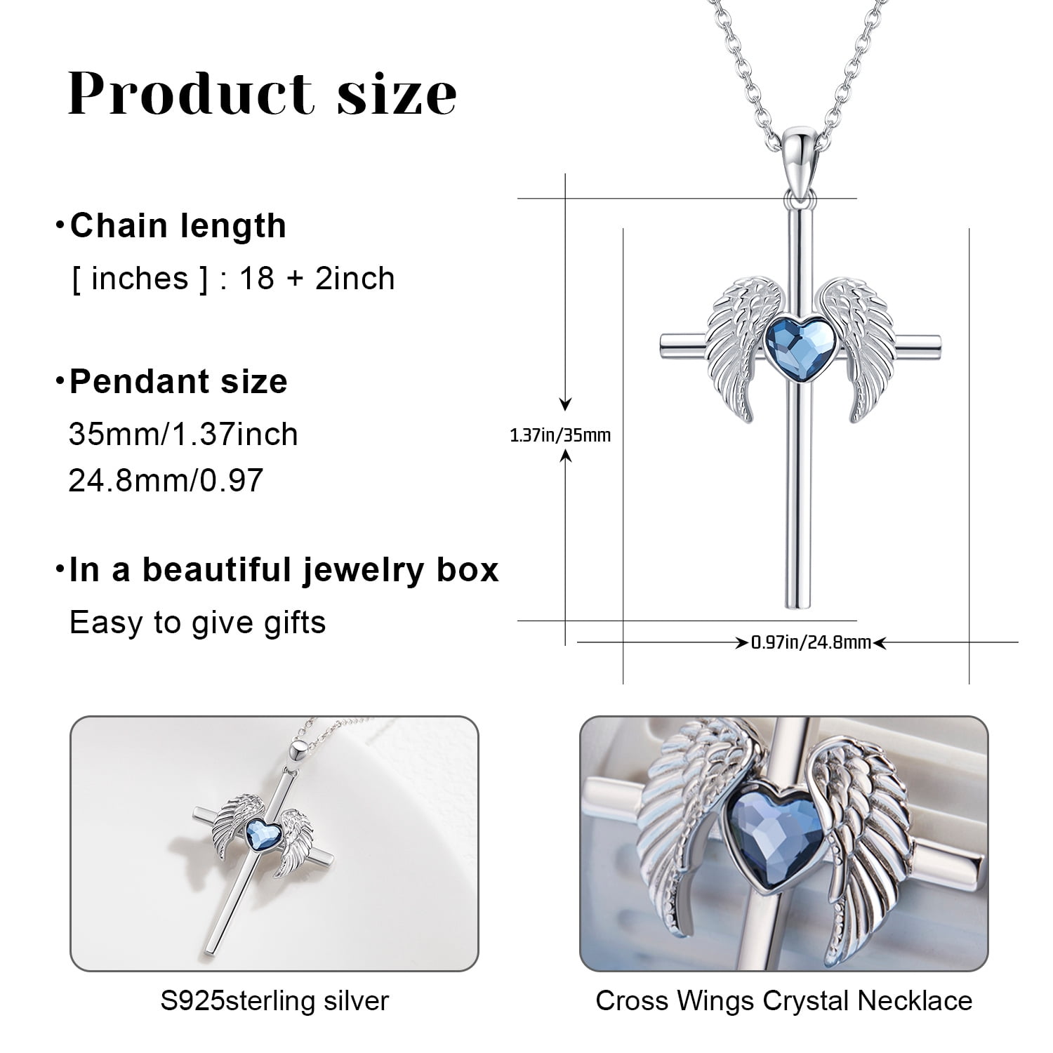 Coachuhhar Cross Necklace 925 Sterling Silver Angel Wings Pendant Necklace with Heart Blue Crystal Cross Jewelry Gifts for Women