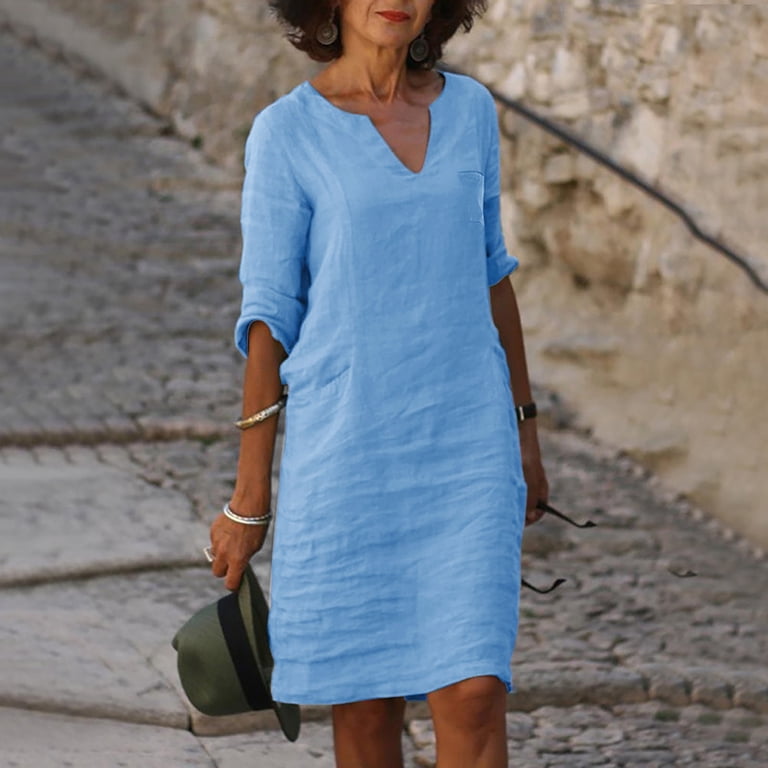 Women's V-Neck Cotton Linen Mini Dress - Half Sleeve, Casual/Fashion Design,  Summer/Autumn, Loose Fit, Hand Wash, Available in S-XXL Sizes - Walmart.com