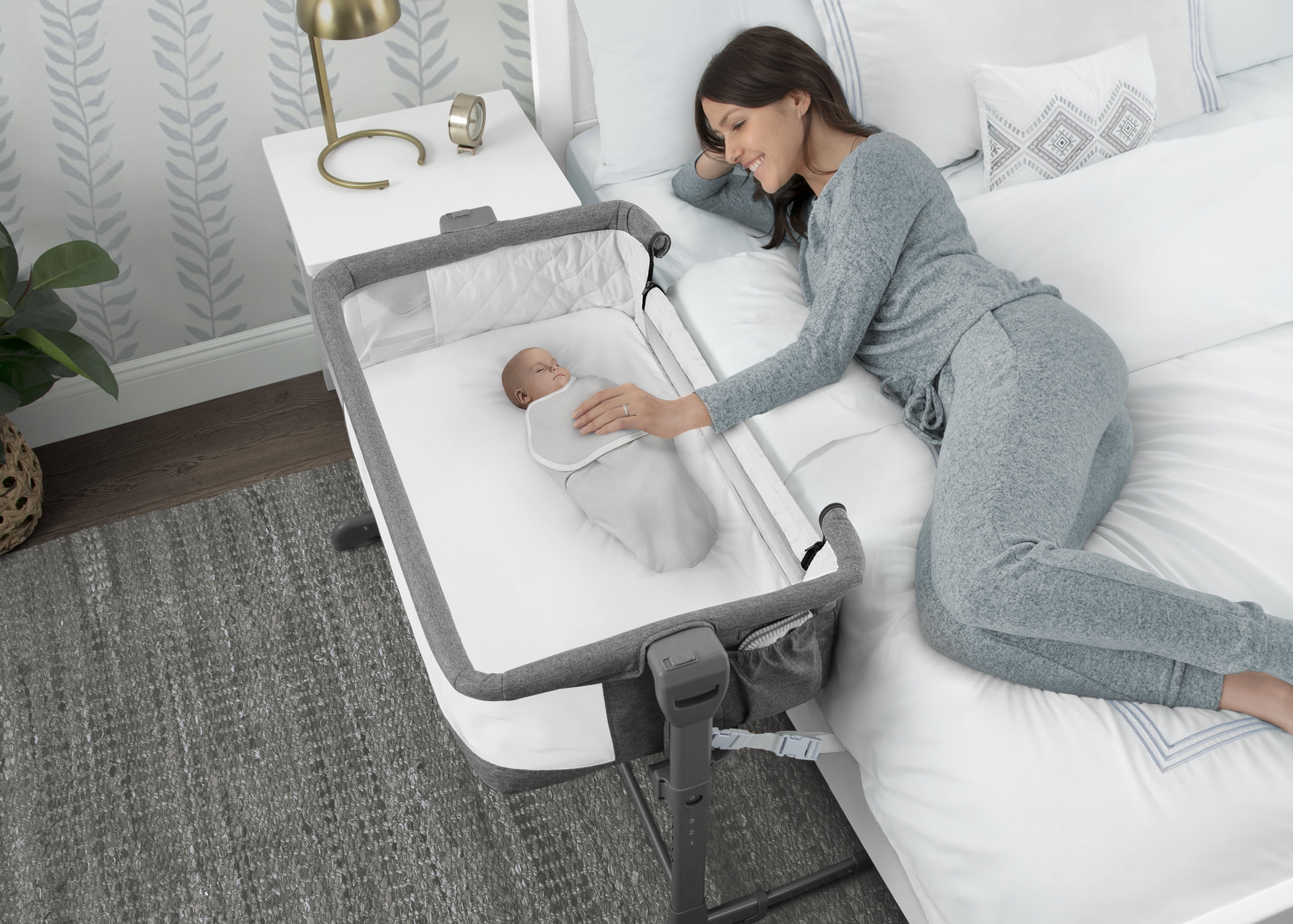 Delta Children Close2Me Bedside Baby Bassinet Sleeper with Breathable Mesh and Adjustable Heights - Lightweight Portable Crib, Grey