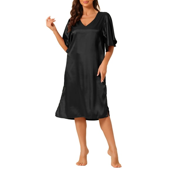 INSPIRE CHIC Women's Satin Nightdress Flare Bell Short Sleeve Sleep Dress Nightshirt Nightgown M Black