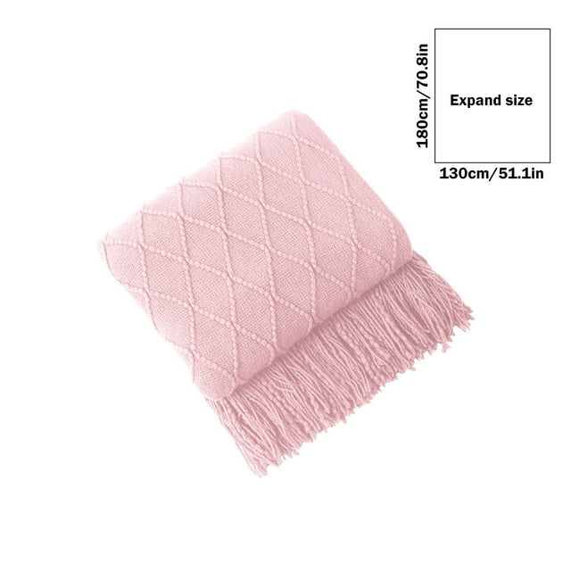 Diamond Knit Throw 71x50in Fringed Blanket Sofa Cover Lightweight Breathable Pink