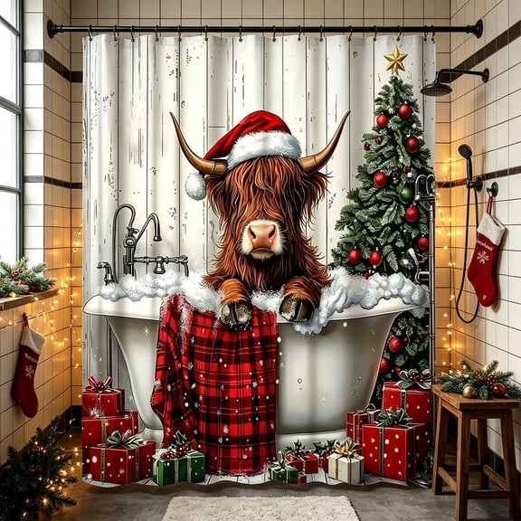 Christmas Highland Cow Shower Curtain, Waterproof Polyester Bathroom Curtain With 12 Hooks, Holiday Farmhouse Bath Decor,A