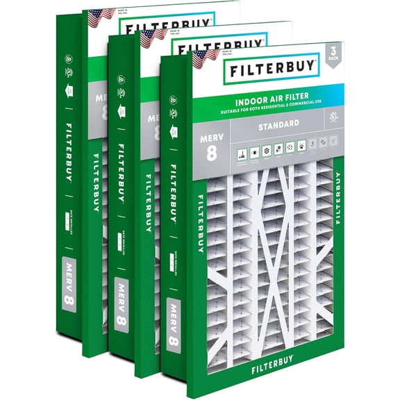 Filterbuy 16x25x5 Air Filter MERV 8 Dust Defense, Pleated HVAC AC Furnace Filter Replacement for Honeywell FC40R1060, 3-Pack